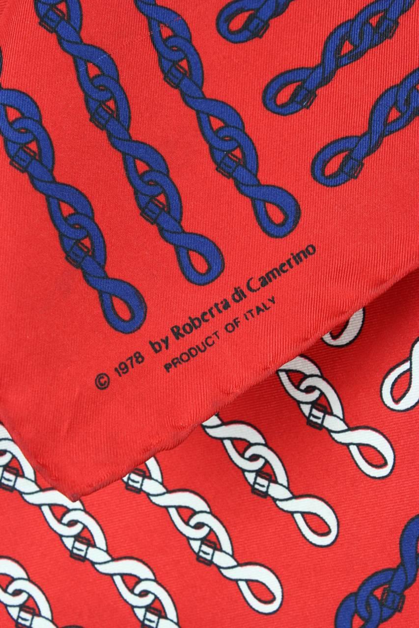 Women's or Men's 1978 Roberta di Camerino Red Signature Belt Print Silk Twill Scarf For Sale
