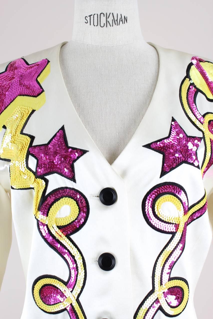 Women's Escada 1980s Off-White Star Motif Sequin Silk Satin Evening Jacket “Hello Angel“