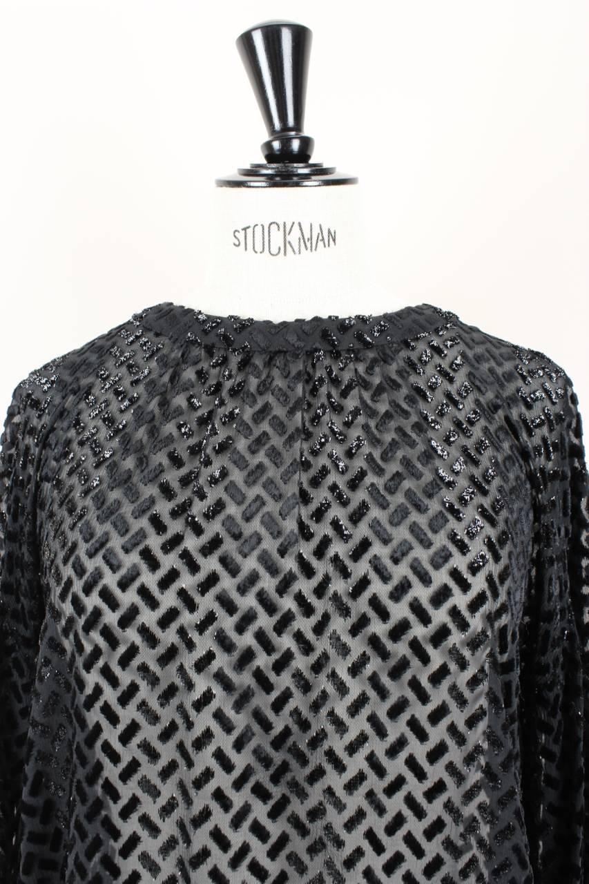 Women's Nina Ricci Haute Boutique Paris Black Sheer Devoré Silk Blend Blouse, 1970s  For Sale