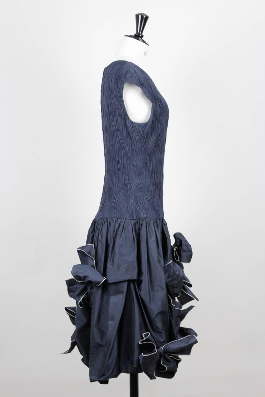 Black Louis Féraud Navy Silk Cocktail Dress With Bubble Skirt And Bow Detailing, 1980s For Sale