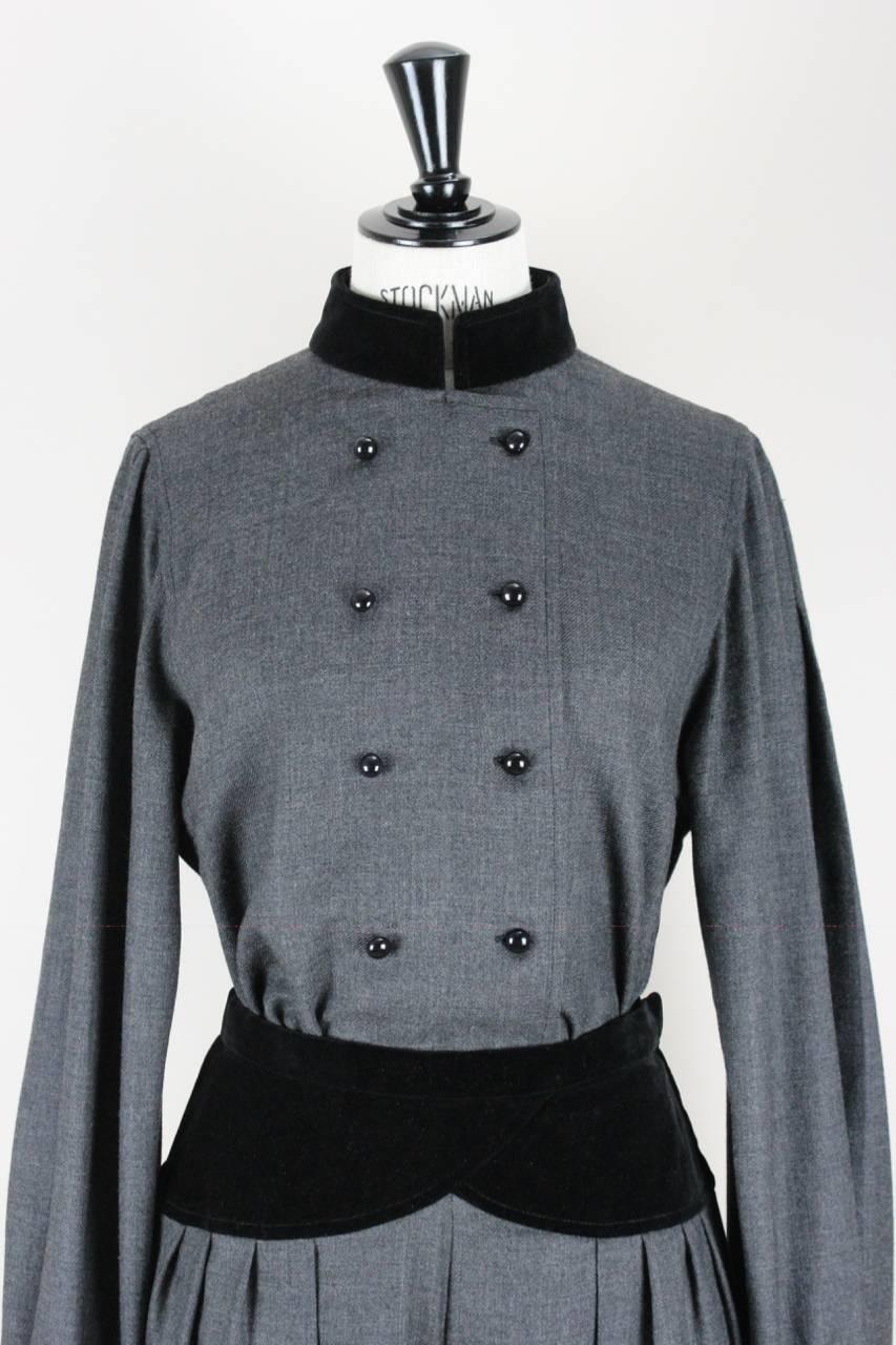 Women's Nina Ricci Paris 1970s Grey Wool Black Velvet Blouse & Trousers Ensemble Set