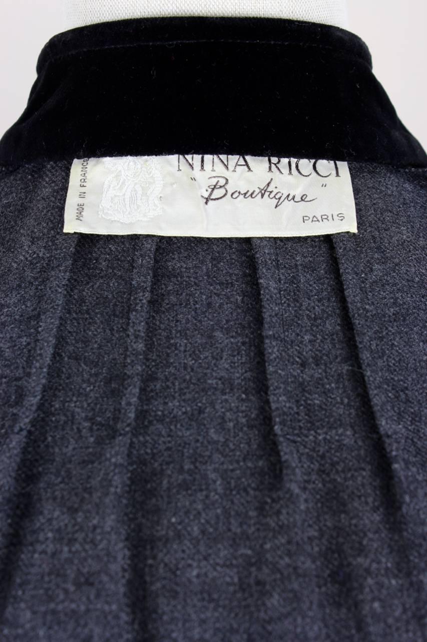 Nina Ricci Paris 1970s Grey Wool Black Velvet Blouse & Trousers Ensemble Set 6