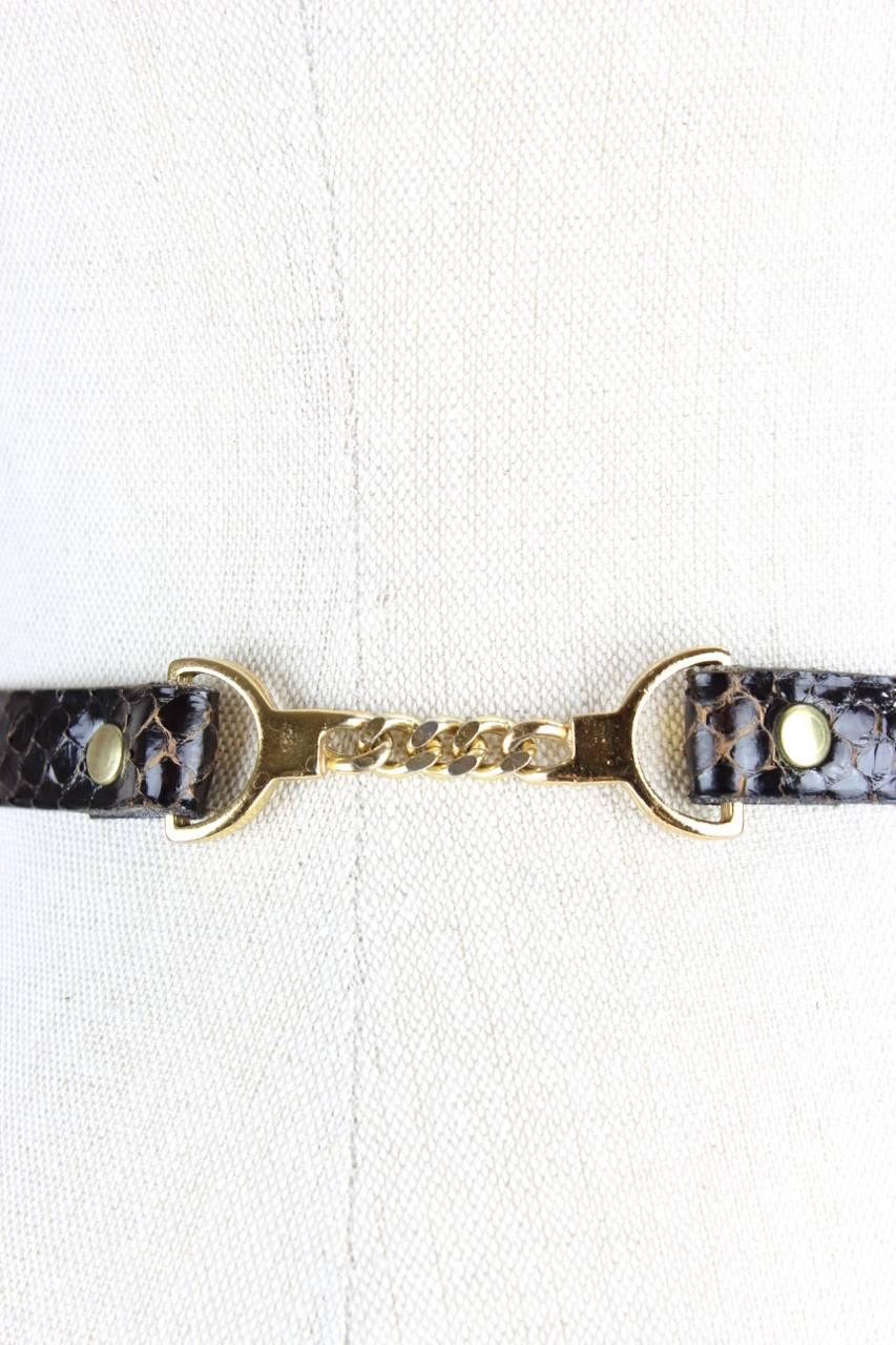 Women's or Men's 1980s Dark Brown Thin Snakeskin Belt With Gold Tone Chain Detail & Buckle