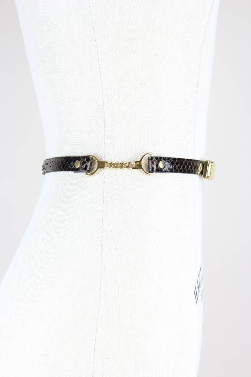 Gray 1980s Dark Brown Thin Snakeskin Belt With Gold Tone Chain Detail & Buckle
