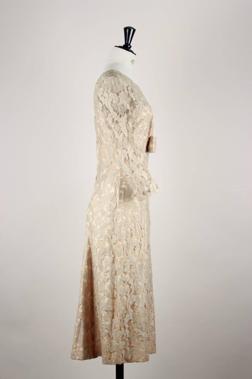 Beige Norman Nude Champagne Floral Lace Sheath Illusion Dress With Bow Detailing 1950s