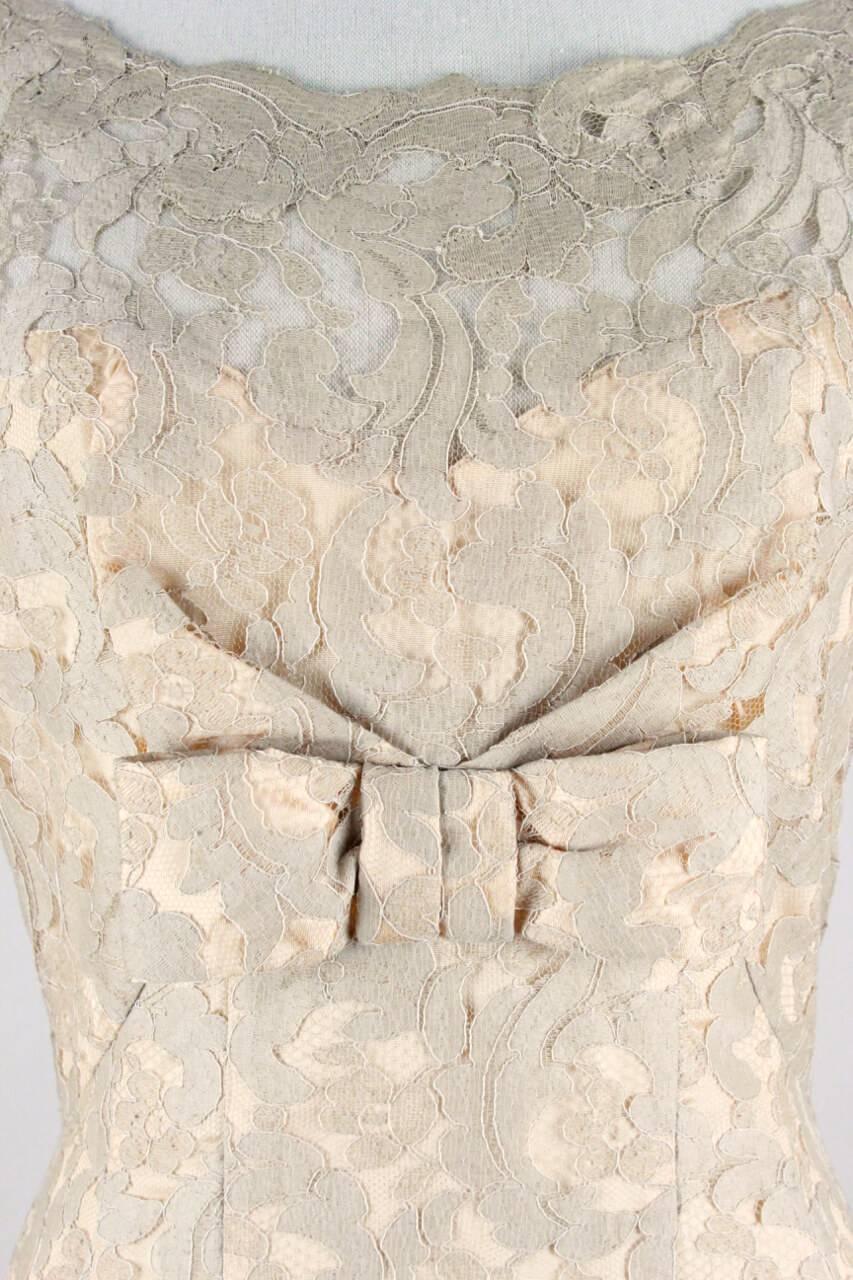 Women's Norman Nude Champagne Floral Lace Sheath Illusion Dress With Bow Detailing 1950s
