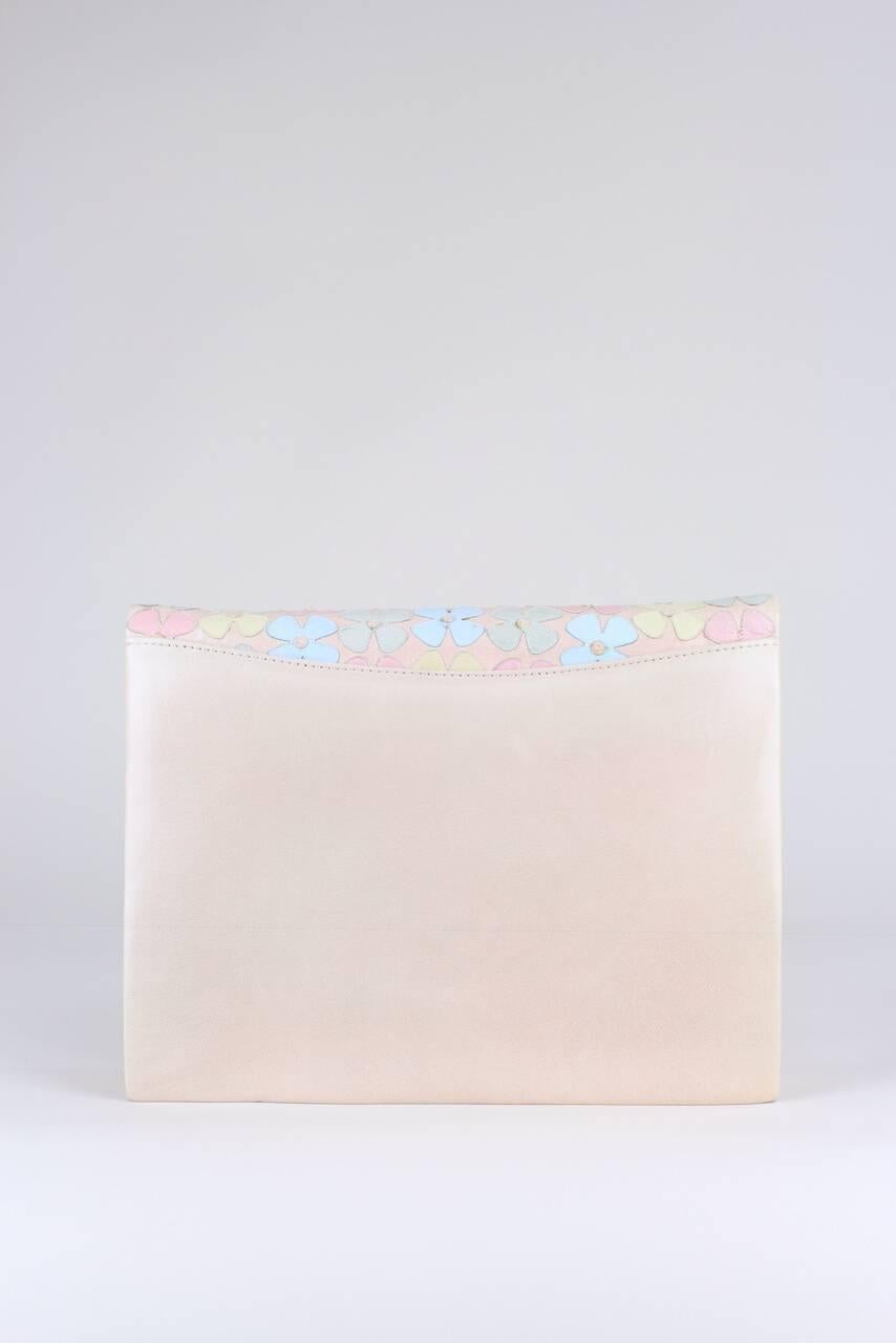 Beige Andrea Pfister Pale Pink Leather Clutch Shoulder Bag With Pastel Blossoms, 1980s