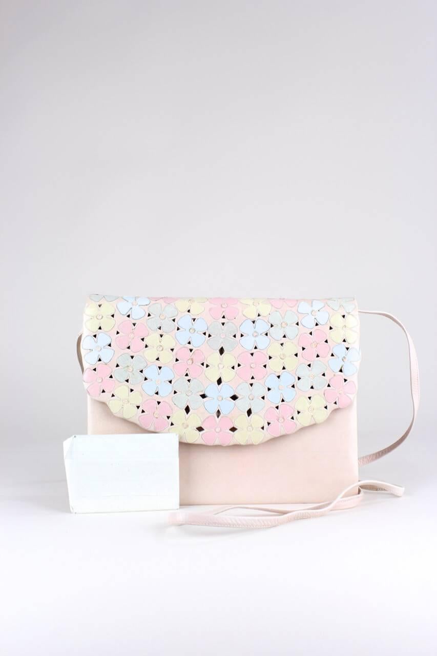Andrea Pfister Pale Pink Leather Clutch Shoulder Bag With Pastel Blossoms, 1980s 3