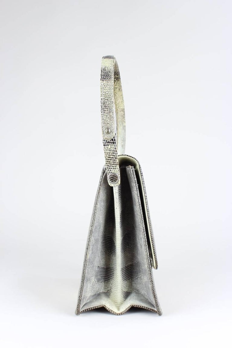 Women's 1960s Grey Cream Lizard Pattern Top Handle Handbag With Silver Hardware For Sale