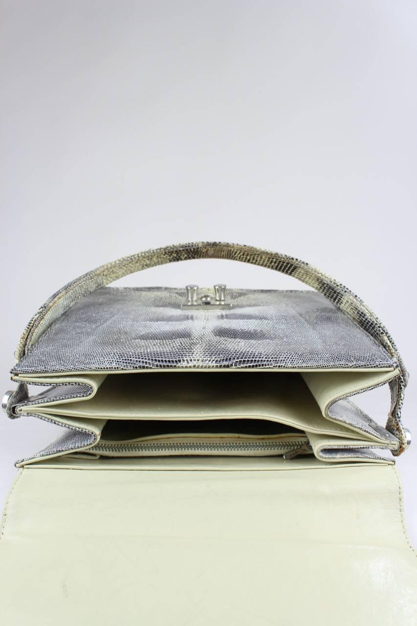1960s Grey Cream Lizard Pattern Top Handle Handbag With Silver Hardware For Sale 4