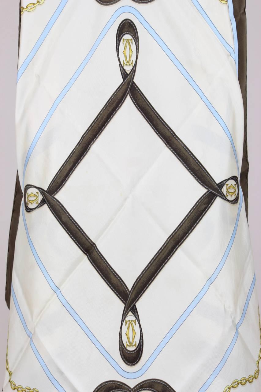 Cartier 1980s Equestrian And Logo Print Ivory Brown Silk Twill Scarf In Excellent Condition In Munich, DE