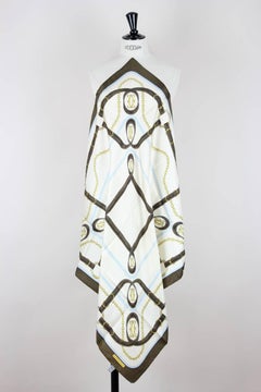 Cartier 1980s Equestrian And Logo Print Ivory Brown Silk Twill Scarf