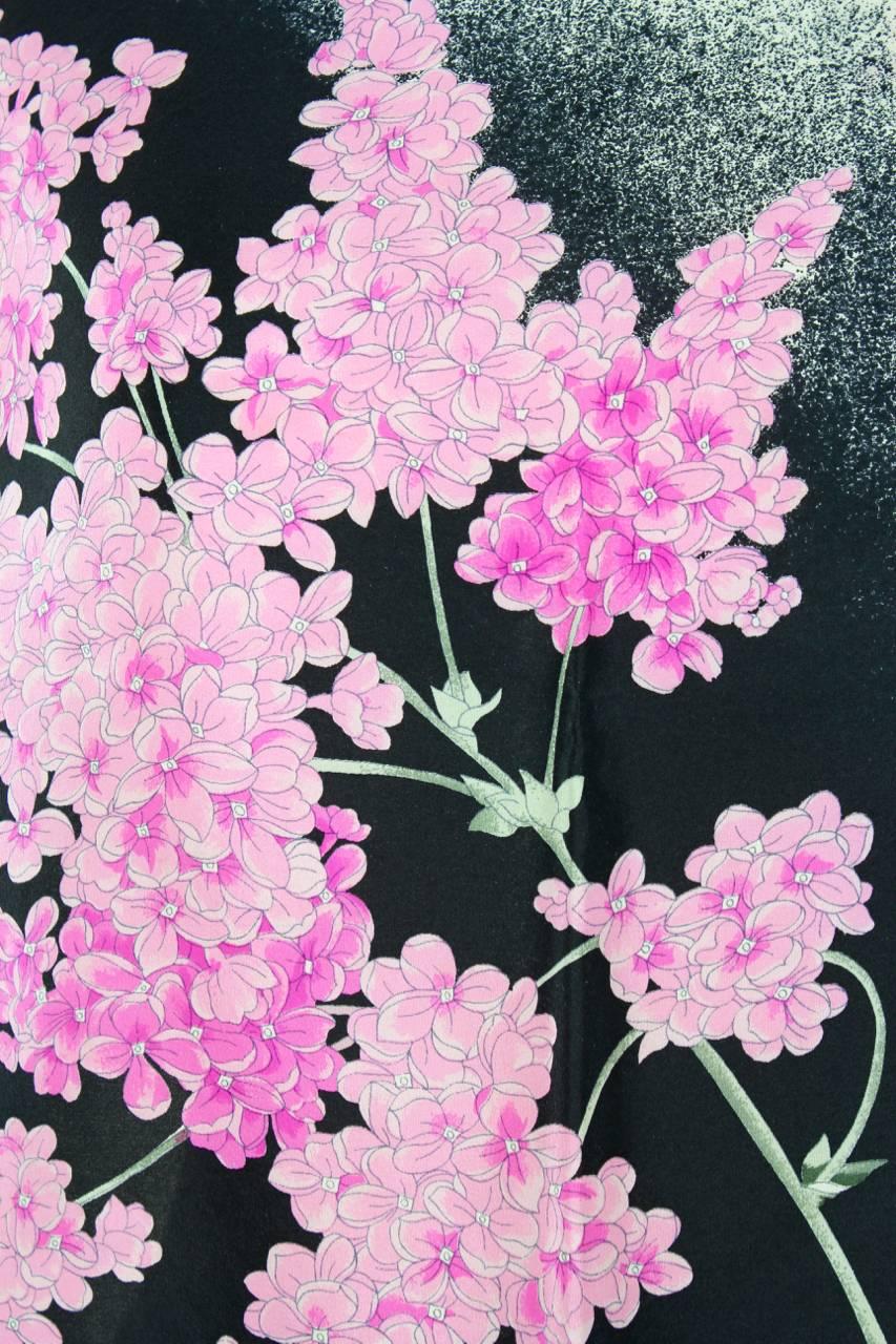 Gray Léonard Paris 1970s Black Lilac Pink Floral Print Silk Scarf (Documented Design)