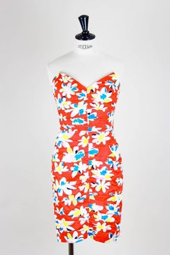 Sweetheart Munich Red Floral Print Strapless Cocktail Dress, 1980s