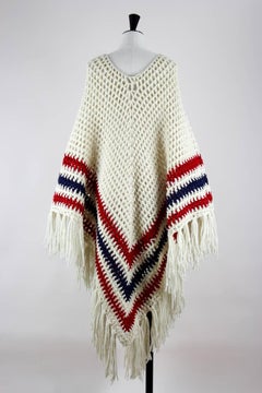 1970s Creme-White Red Blue Crochet Chevron Pattern Wool Poncho With Fringes