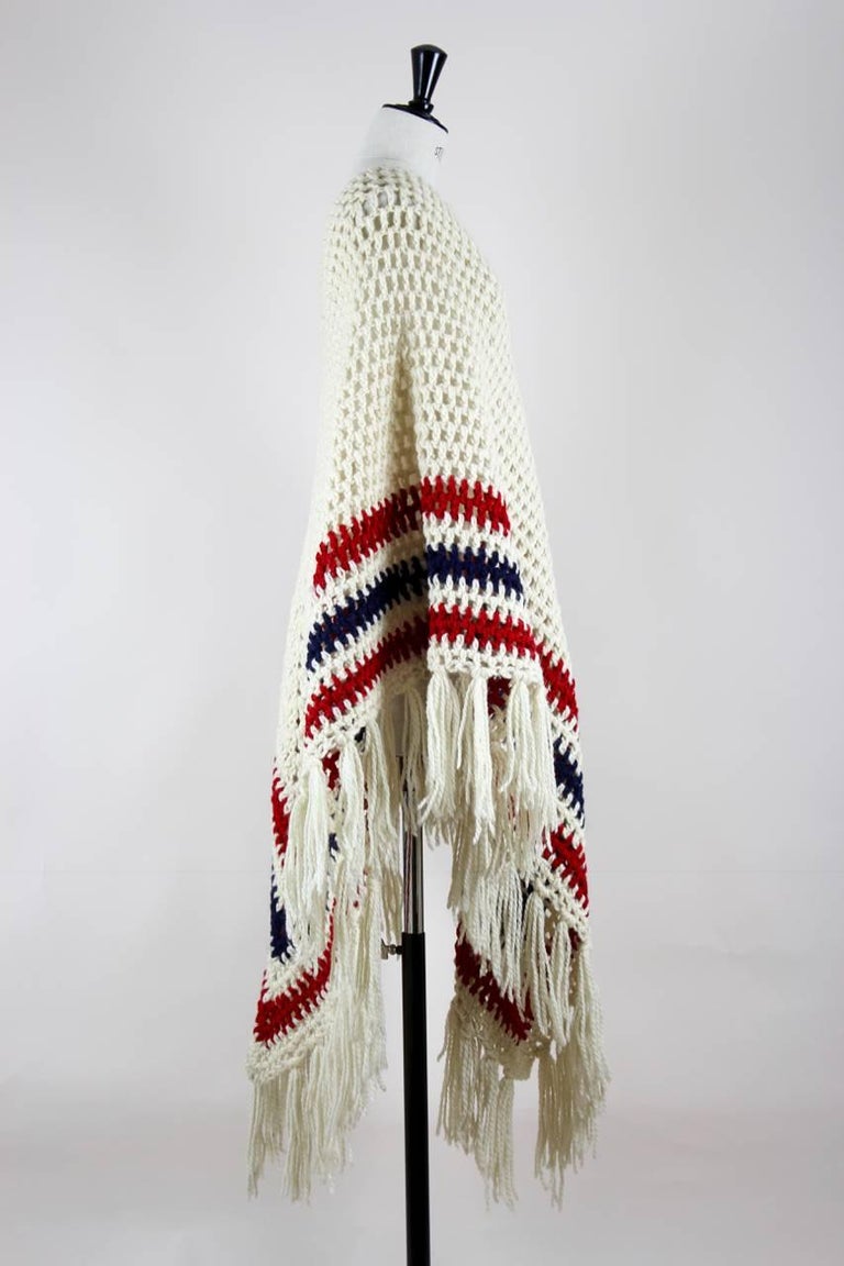 1970s Creme-White Red Blue Crochet Chevron Pattern Wool Poncho With ...