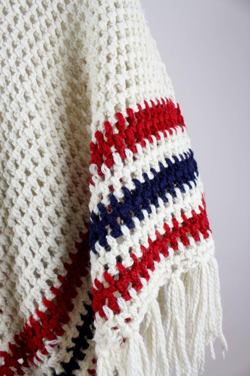 Beige 1970s Creme-White Red Blue Crochet Chevron Pattern Wool Poncho With Fringes