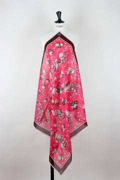 Emilio Pucci Rare Floral and Crest Print Pink Brown Light Wool Scarf, 1970s
