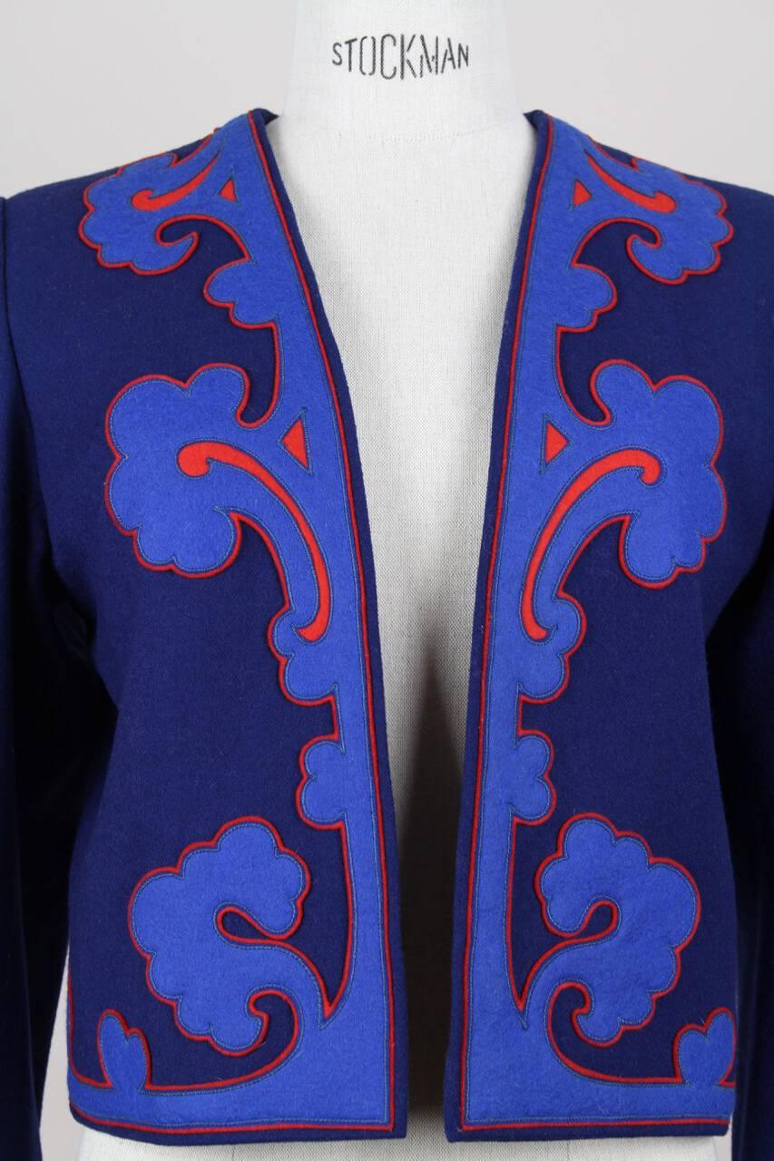 Women's Yves Saint Laurent YSL Appliquéd Royal Blue Wool Bolero Jacket Blazer, 1978 