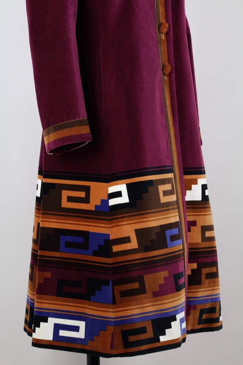 Roberta di Camerino Ruby Red Aztec Design Velvet Coat Size M/L, 1970s  1