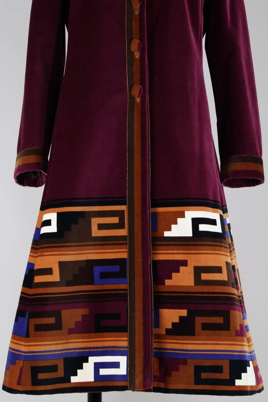 Women's Roberta di Camerino Ruby Red Aztec Design Velvet Coat Size M/L, 1970s 