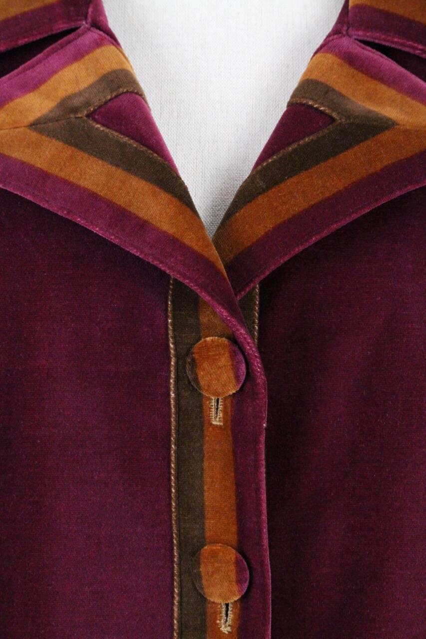 Brown Roberta di Camerino Ruby Red Aztec Design Velvet Coat Size M/L, 1970s 
