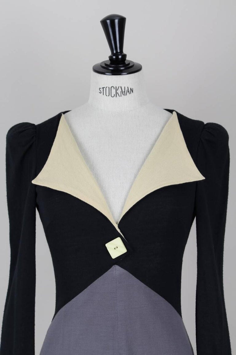 Biba Black Grey and Ivory Wool Jersey Dress Documented Early 1970s Size