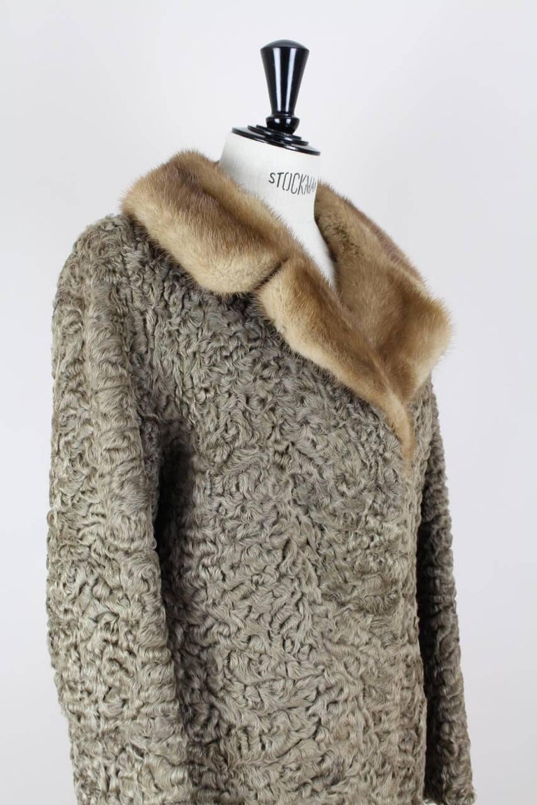 1960s Taupe Persian Lamb Astrakhan Fur Coat With Brown Mink Fur Collar And Hem at 1stDibs