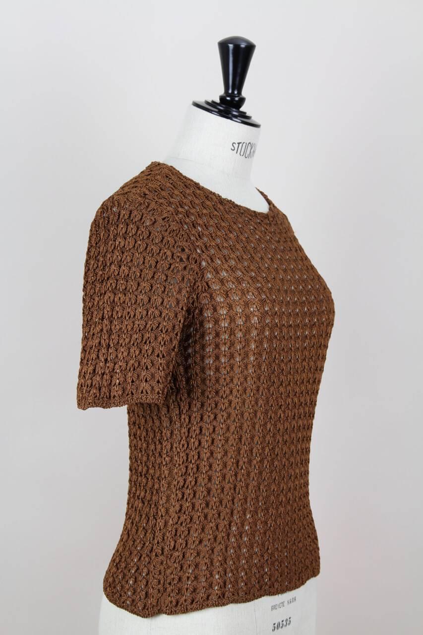 Women's Yves Saint Laurent YSL Brown Openwork Knit Pullover Sweater Top, 1980s  For Sale