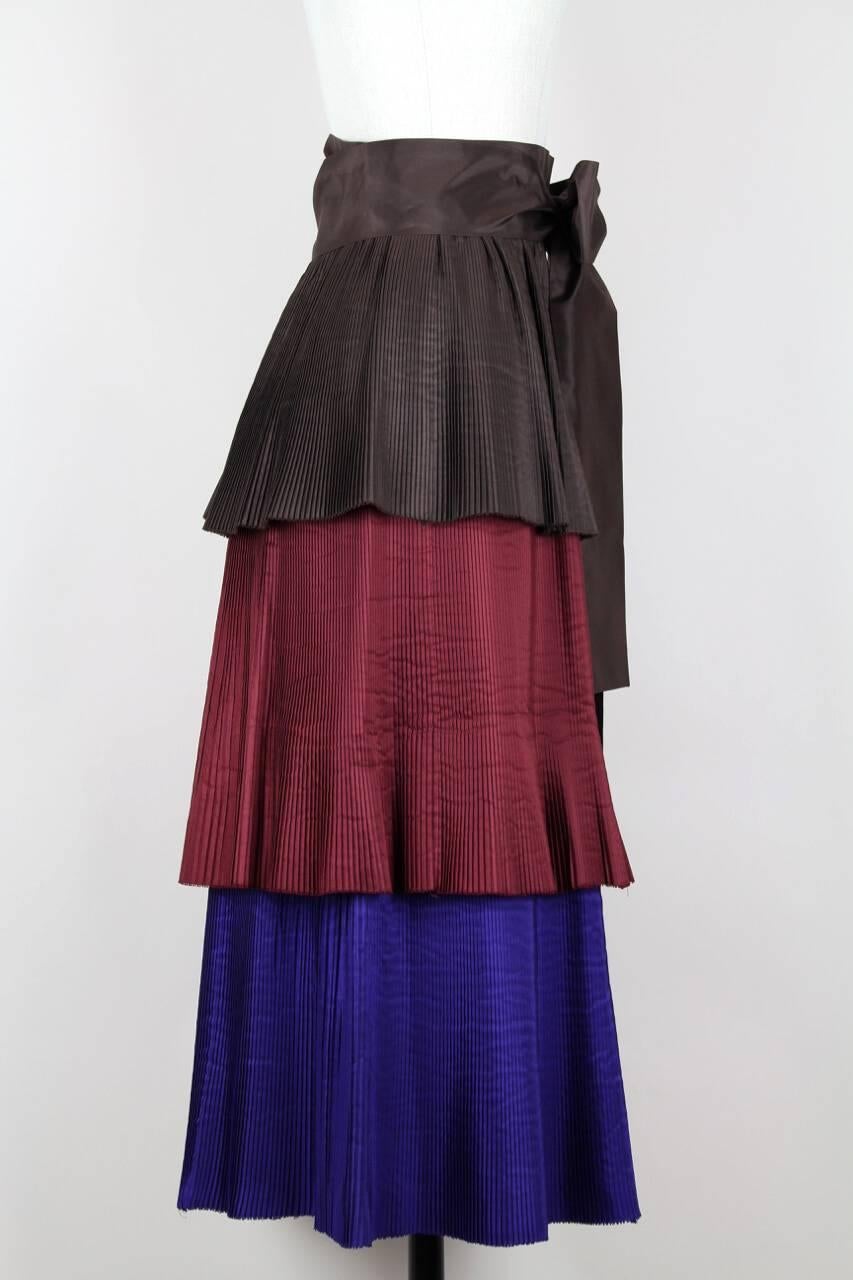 Black Yves Saint Laurent YSL Colour Block Pleated Tiered Silk Skirt With Sash, 1980s 