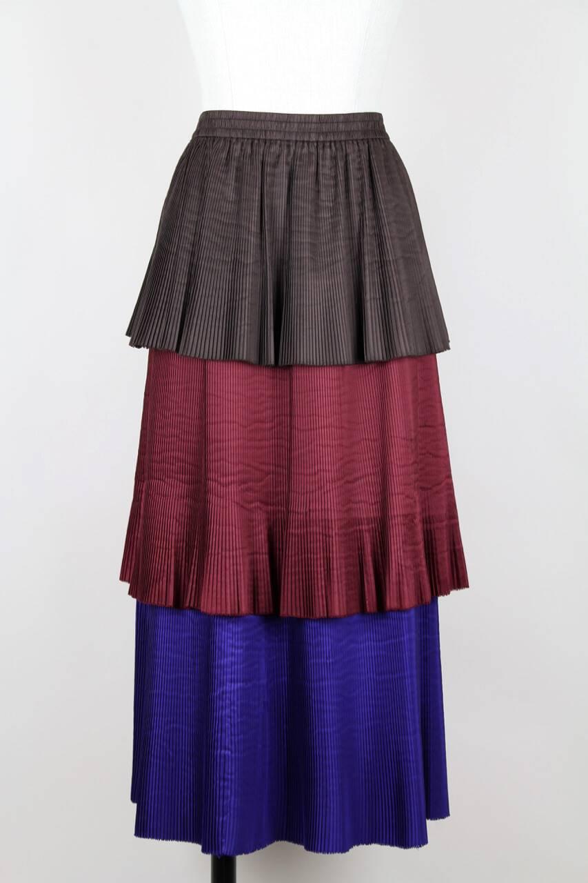Yves Saint Laurent YSL Colour Block Pleated Tiered Silk Skirt With Sash, 1980s  In Excellent Condition In Munich, DE