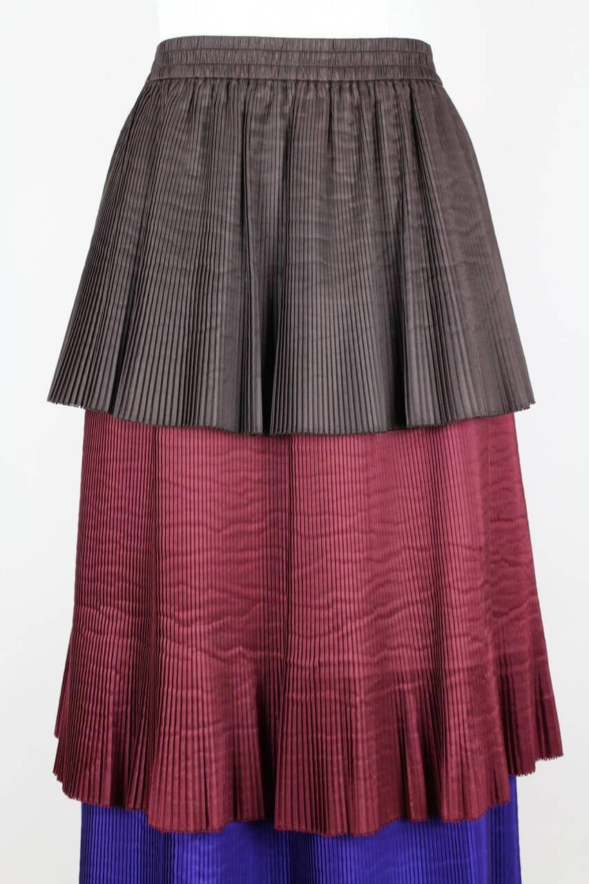Women's Yves Saint Laurent YSL Colour Block Pleated Tiered Silk Skirt With Sash, 1980s 