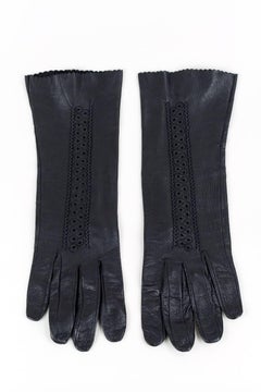 Smooth Black Leather Gloves with Cut Out Detailing and Ornamental Seams, 1960s