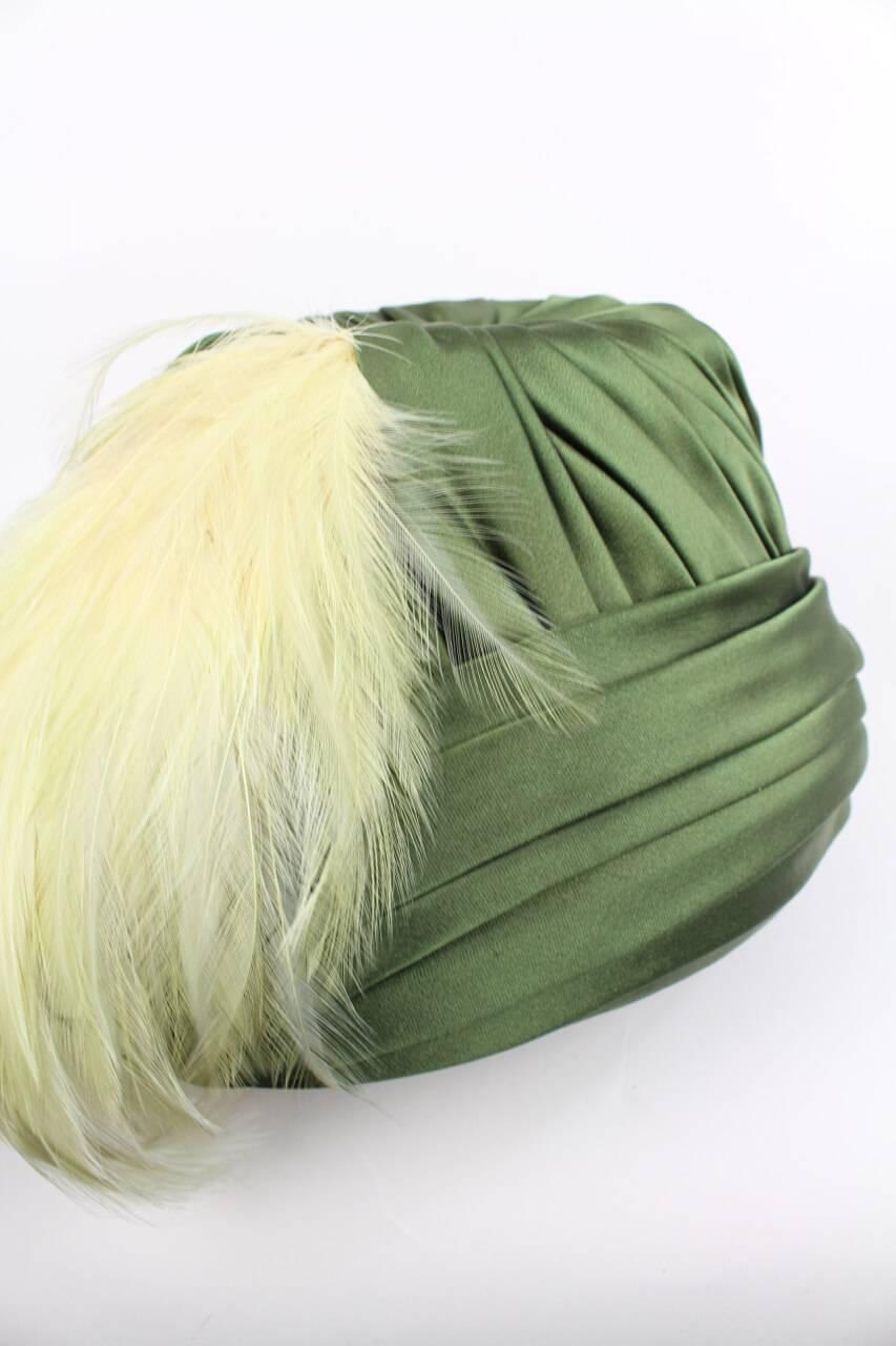 Women's Pleated Olive Green Silk Satin Hat Adorned With Peach Feathers, 1950s For Sale
