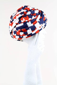 Berliner Modelle Stylized Navy Red and White Heart Print Turban Hat, 1950s/1960s