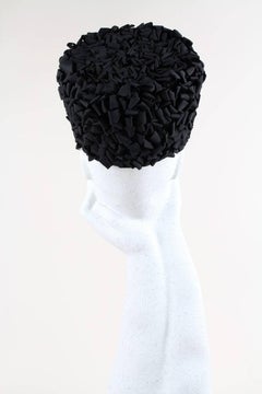 1960s Black Pillbox Hat Allover Adorned with Looped Taffeta Ribbons