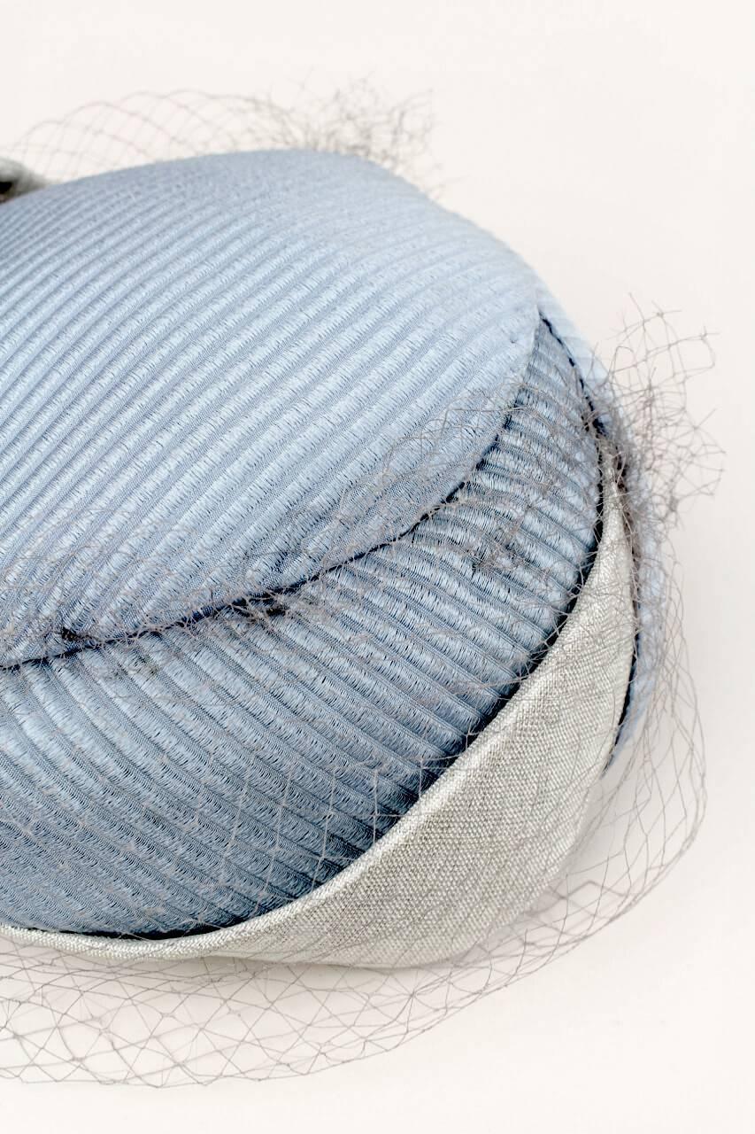 Women's Mady Mauvan Aquamarine and Silver Cocktail Hat With Light Grey Veil, 1950s For Sale
