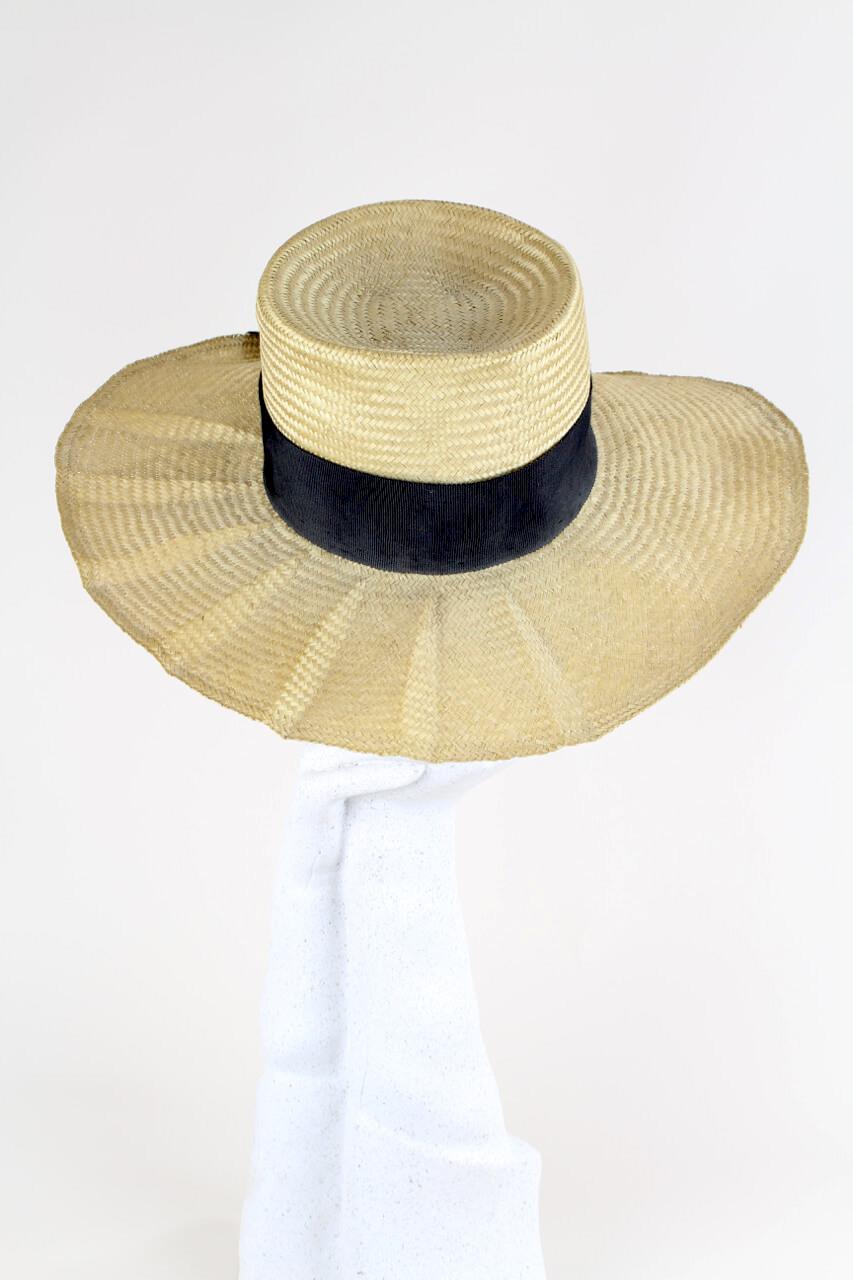 Beige Carolin Schuster-Böckler Woven Natural Straw Hat With Pleated Wide Brim, 1990s