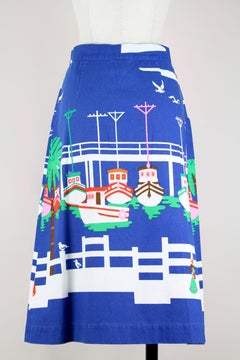 Malia of Honolulu Hawaiian Cobalt Blue Cotton Nautical Print Wrap Skirt, 1970s
