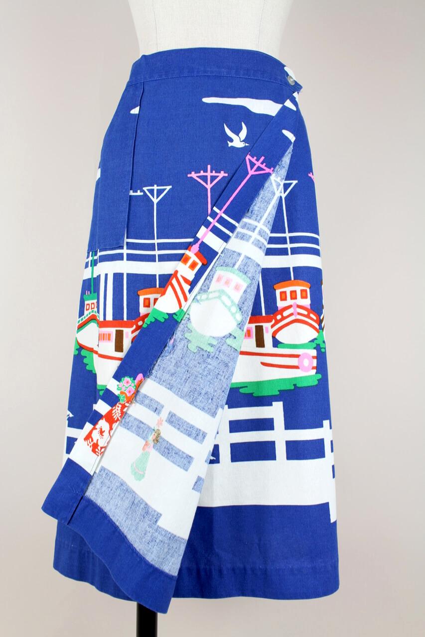 Women's Malia of Honolulu Hawaiian Cobalt Blue Cotton Nautical Print Wrap Skirt, 1970s