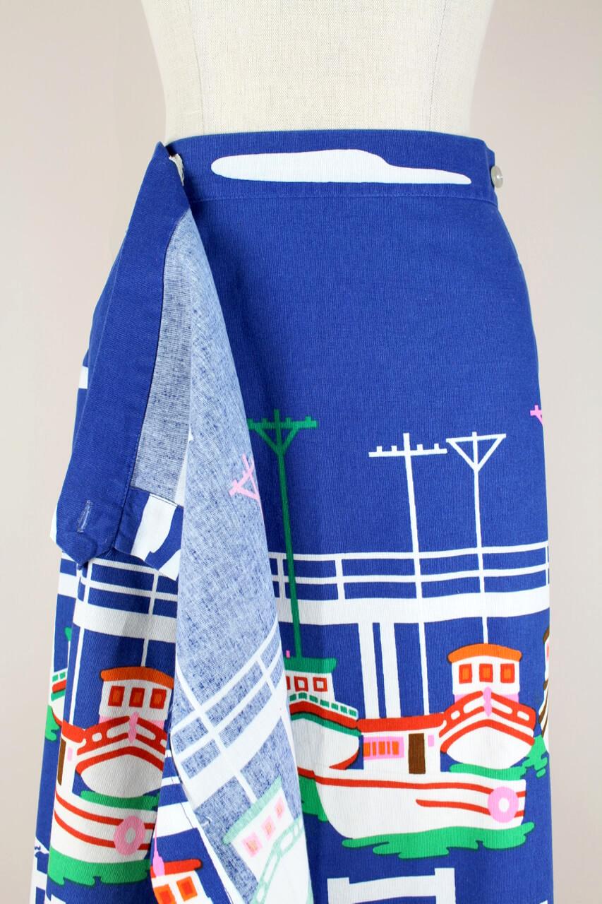 Malia of Honolulu Hawaiian Cobalt Blue Cotton Nautical Print Wrap Skirt, 1970s 1