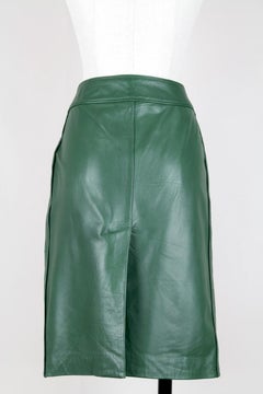 Jupe droite en cuir véritable fendue:: vert bouteille:: Kenzo:: c. taille XS/S des années 1990