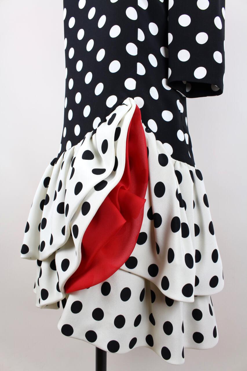 AKRIS Flamenco-Inspired Black / Creme-White Polka Dot Flounced Silk Dress, 1980s For Sale 1