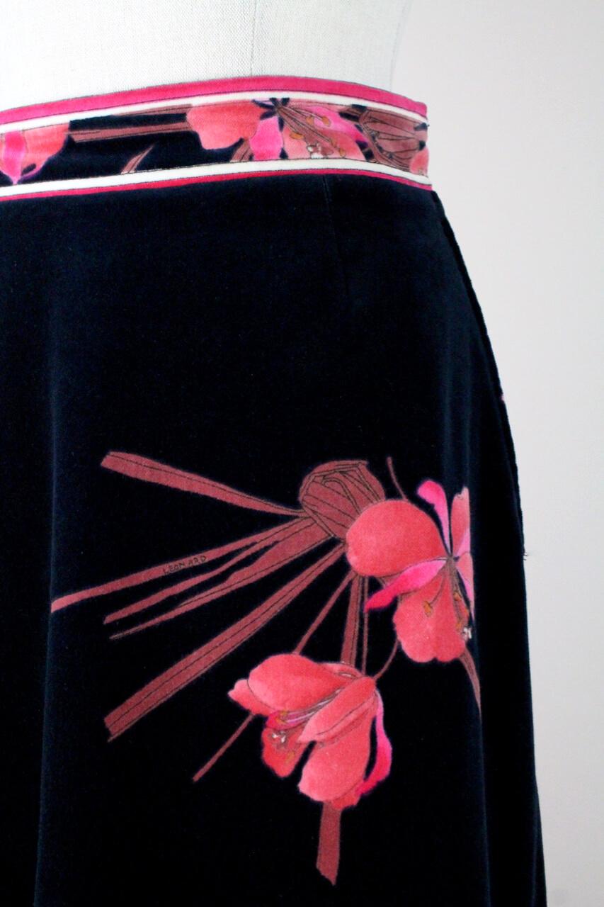 Women's LEONARD PARIS Midnight Blue & Pink Azalea Print Velvet Maxi Skirt, circa 1970s
