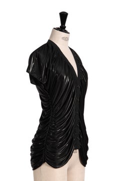 Circa 2008 CHANEL by Karl Lagerfeld Black Wet-Look Finish Logo Button Blouse