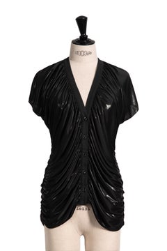 Circa 2008 CHANEL by Karl Lagerfeld Black Wet-Look Finish Logo Button Blouse
