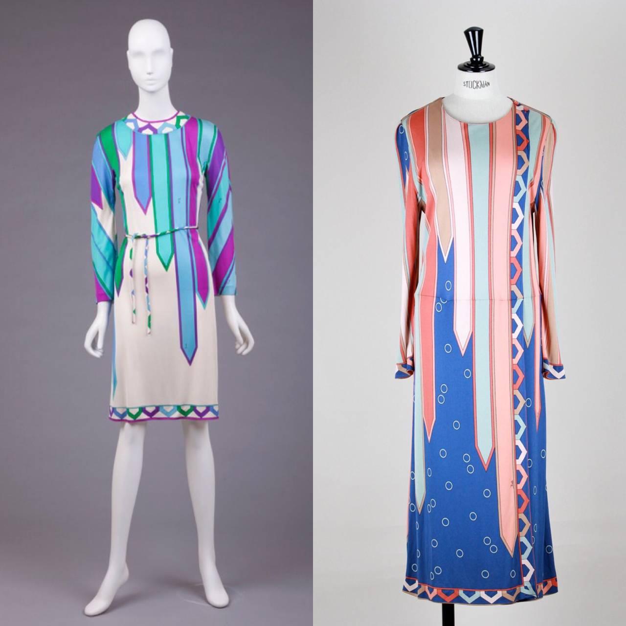 Emilio Pucci 1960s Vivara Art Déco Print Blue Rose Silk Jersey Drop Waist Dress 4