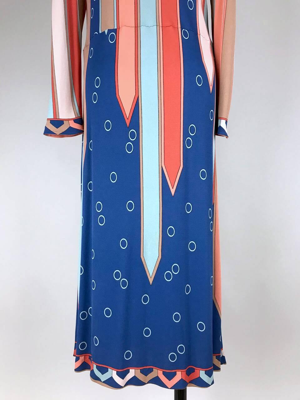 Emilio Pucci 1960s Vivara Art Déco Print Blue Rose Silk Jersey Drop Waist Dress 2