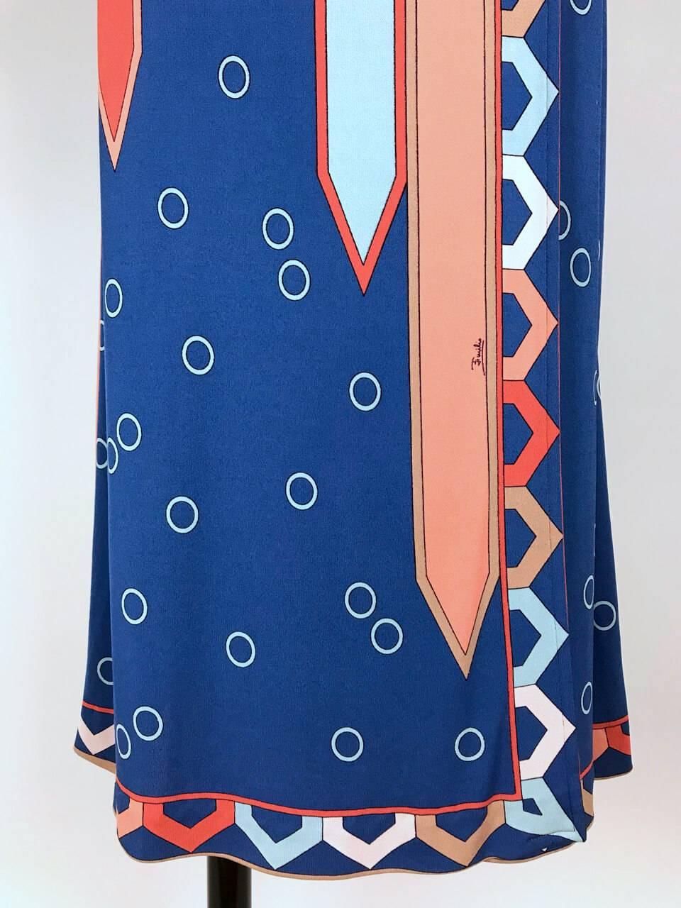 Women's Emilio Pucci 1960s Vivara Art Déco Print Blue Rose Silk Jersey Drop Waist Dress