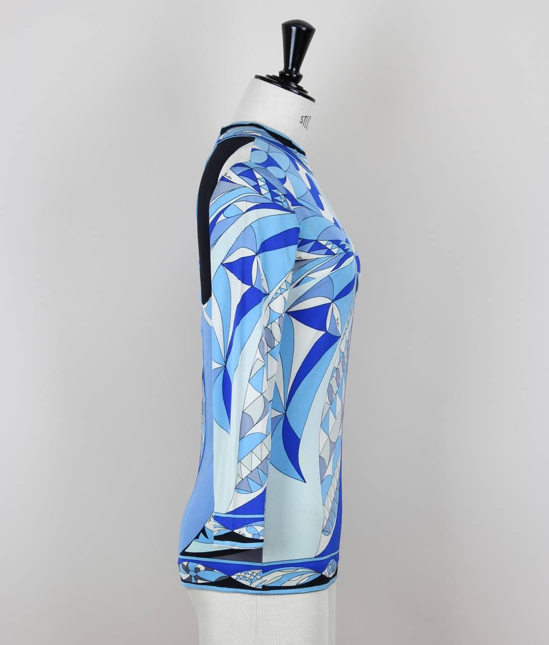 Emilio Pucci 1960s Blue Shades Abstract Print Silk Jersey Top In Good Condition In Munich, DE